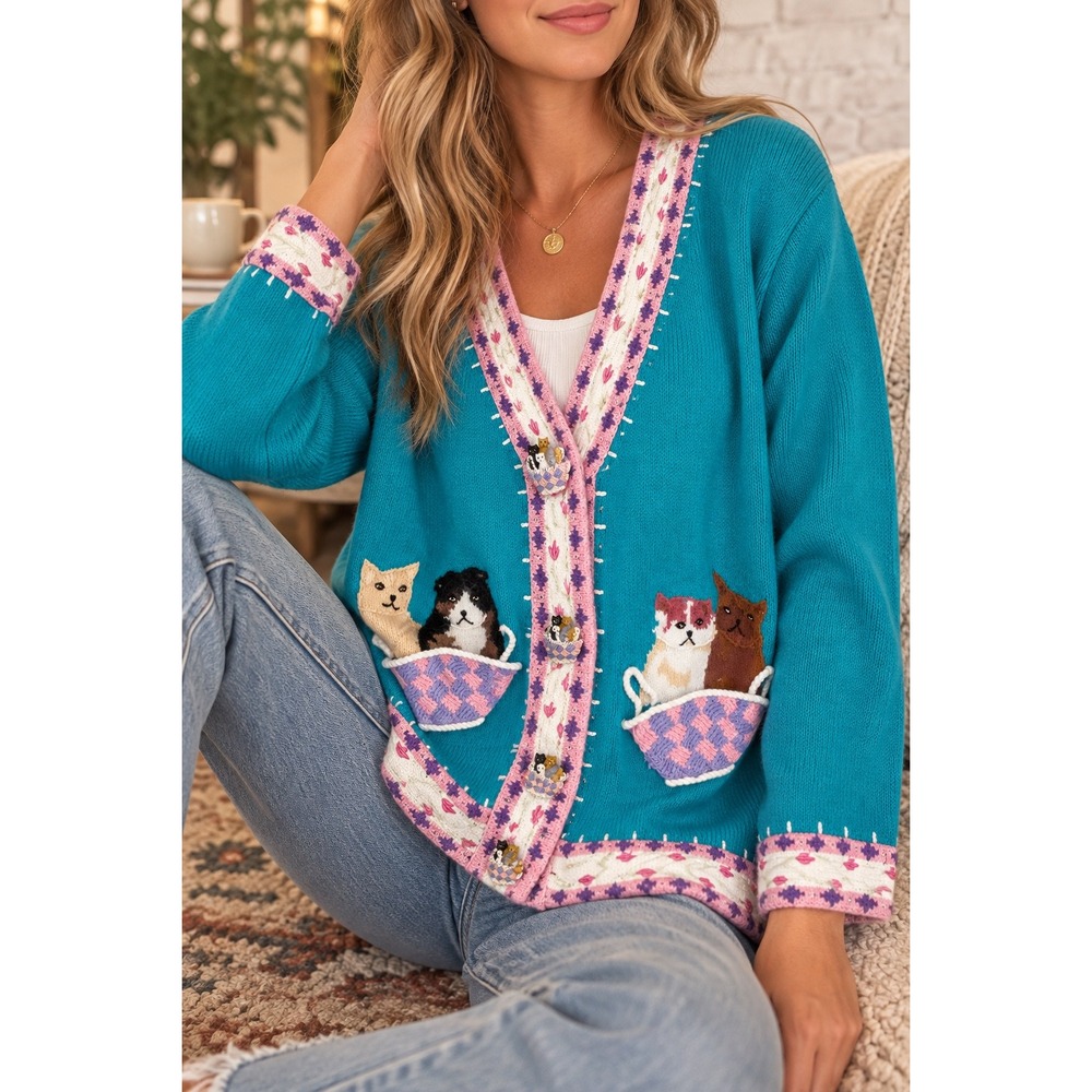Storybook Knits Cat Cardigan Women's L Teal Kitten Basket Cottagecore Whimsical